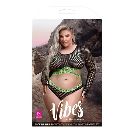 Fantasy Lingerie Vibrators Vibes Fuck Ur Rules UV Reactive Longsleeve Fishnet Top Panty Pasties Black Queen